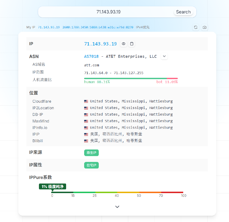 IP 纯净度和地区一致性检查示例